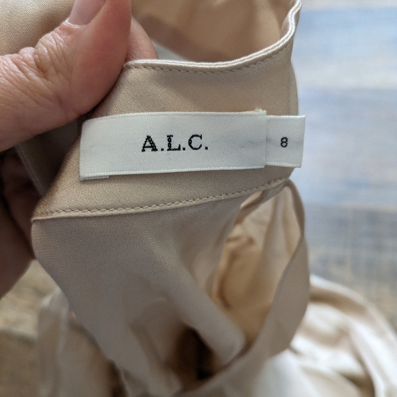 ALC Blouse Silk Stretch V-Neck Choker Beige Long Sleeve Cuff Women's 8 - Picture 5 of 11